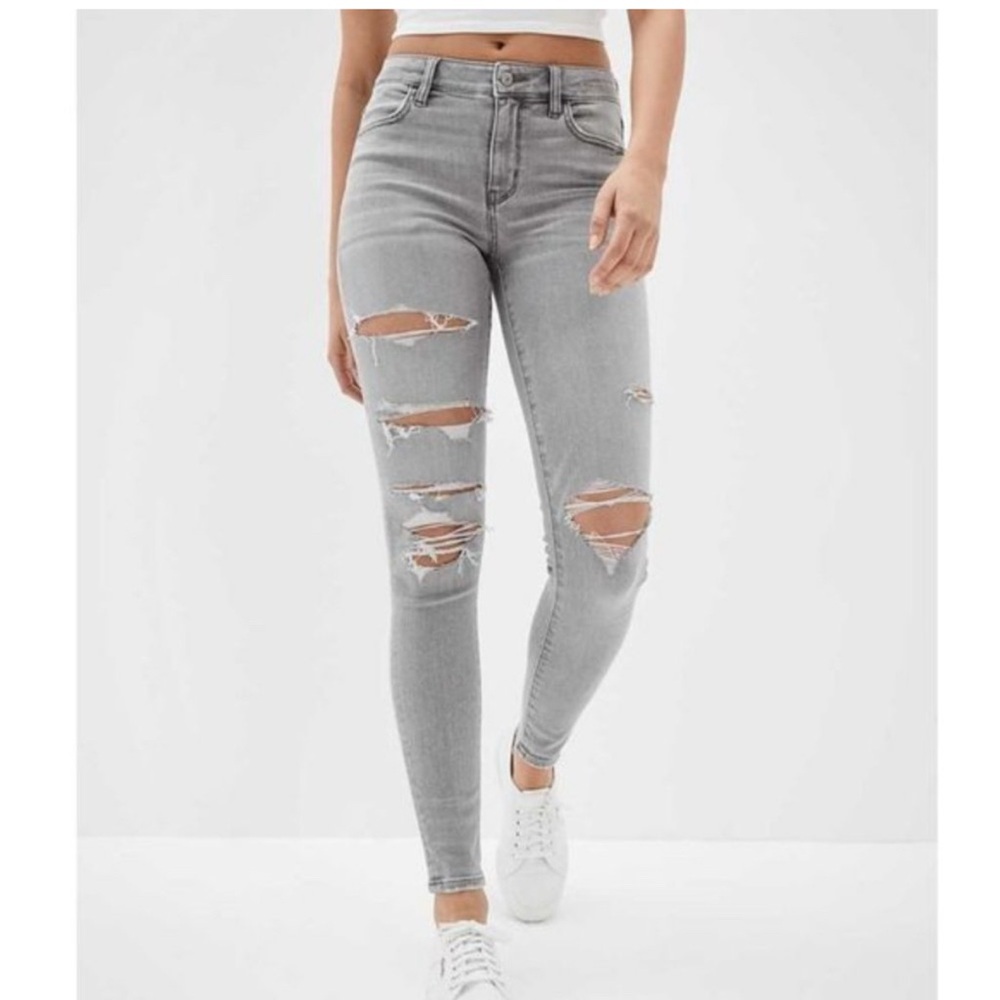 AMERICAN EAGLE Ne(x)t Level Stretch Hi-Rise Jegging Gray Ripped 16S / 16 SHORT